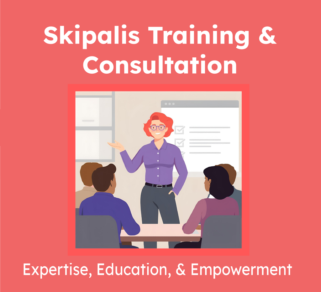 Top Text: "Skipalis Training & Consultation" in large, white print over a coral pink background. Image: An androgynous person with short, coral pink, wavy hair, a purple button-down shirt, and charcoal gray trousers giving a presentation to a group of diverse adults who are sitting at a table; Bottom text: smaller than the top text, white print over a coral pink background, "Expertise, Education, & Empowerment"